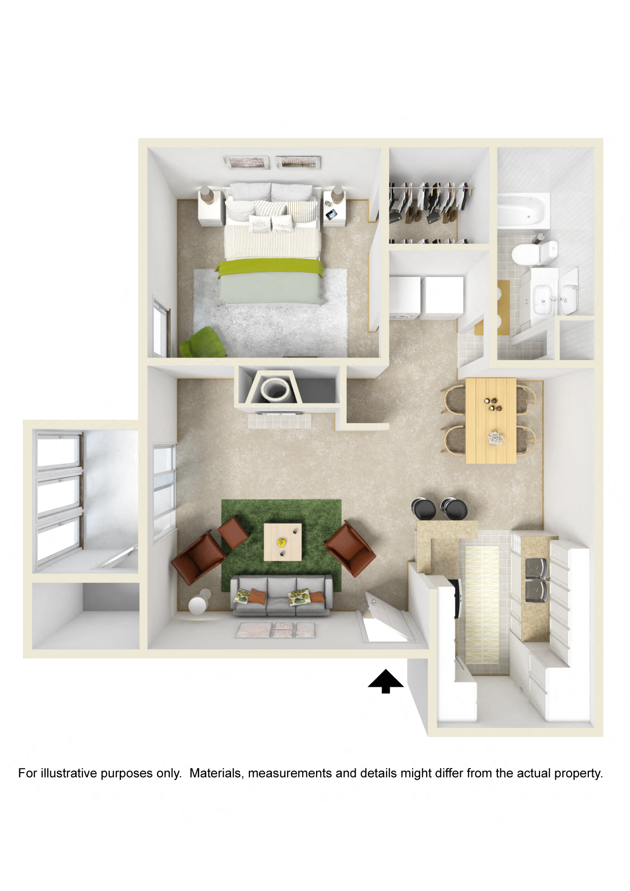 Floor plan for 1 bed, 1 bath, 725 sqft